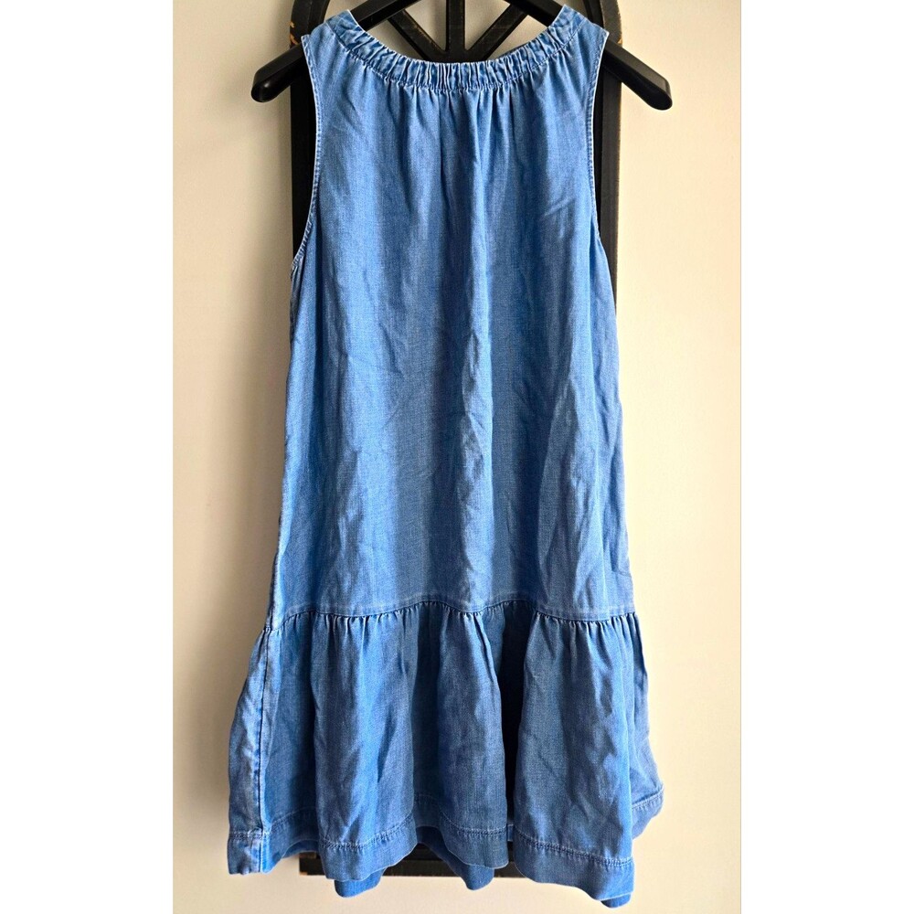 LOFT Blue Chambray Shift Dress S Sleeveless Ruffle Hem Round Neck Knee Lyocell